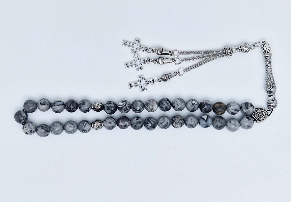 Handgemaakte tesbih klassiek - "Tasbih" natuursteen "Map Jaspe" - Aantal kralen 33 - Diameter kralen 8 MM - met metaal tassel "Kruis" - Een mooi cadeau-idee