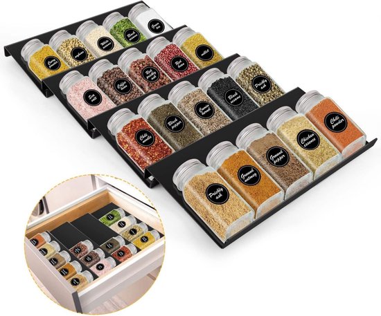Tiroir à épices White-Label® - Organisateur de tiroir Pots d'herbes aromatiques - Étagères à épices - Zwart