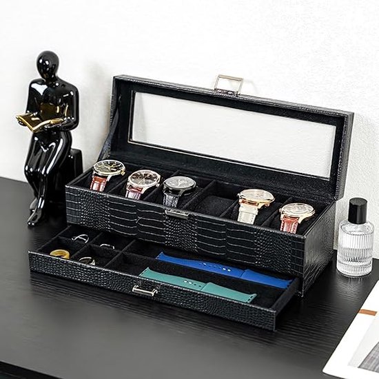 ProCaseHorlogedoos met 6 vakken, glazen deksel, horlogekoffer met kussens, horloges opslag, premium PU-lederen, voor heren, zwart