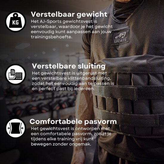 AJ-Sports Verstelbaar Gewichtsvest 10kg - Gewichtsvesten - Weight vest - Gewichten - Krachttraining & Crossfit Trainingsvest - Hardlopen - Cardio - Calisthenics - Crossfit - Zwart - Geschikt vanaf maat M / L