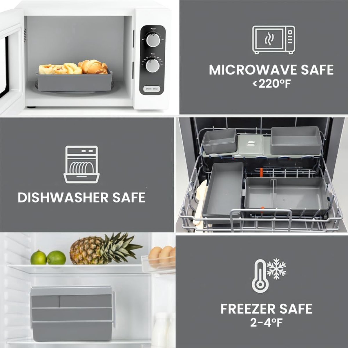 Lunchbox 1450 ml, Bento Box broodtrommel voor kinderen met 4 vakken en bestekset, ontbijtdoos voor magnetron, vaatwasser, broodtrommel, lunchbox voor kinderen en volwassenen, BPA-vrij, grijs