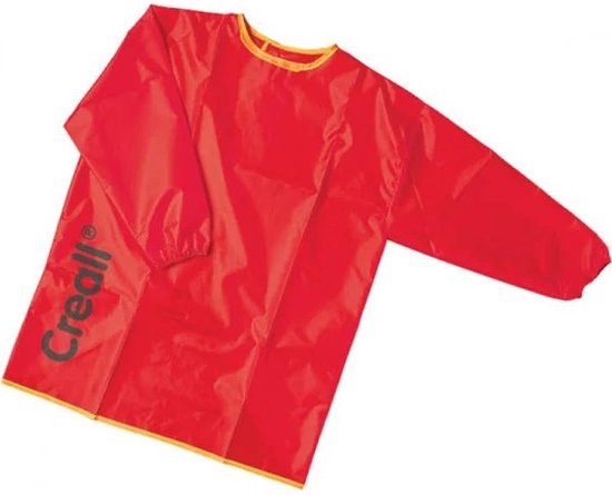 Rood schildersschort met gele rand en lange mouwen. Het logo 'Creall' staat in zwarte letters op de linkerborst.