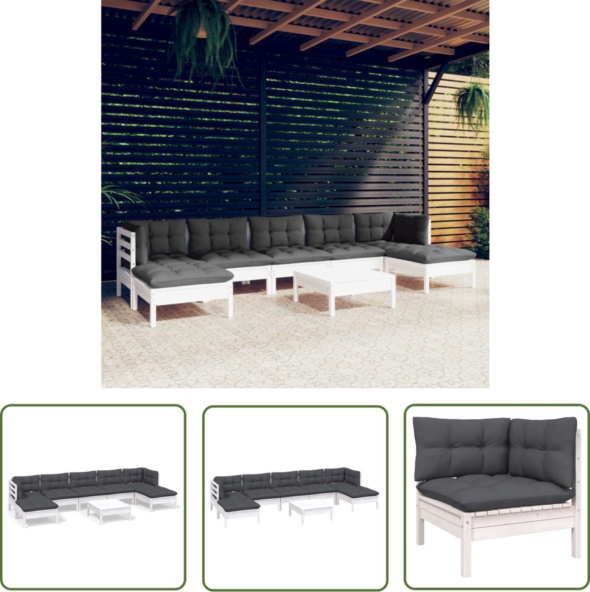 Loungeset met witte kussens van grenenhout - The Living Store.