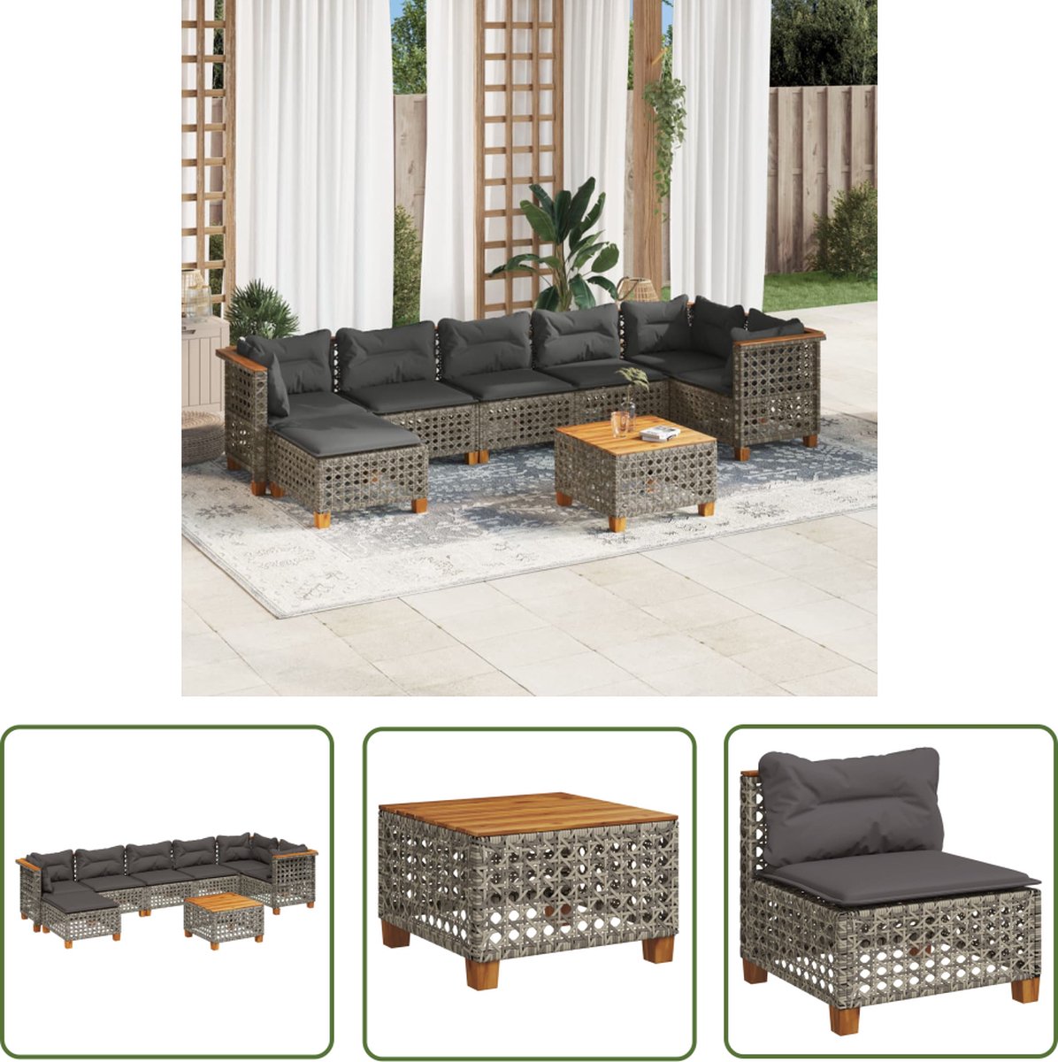 The Living Store 8-delige Loungeset met kussens poly rattan grijs - Loungeset - Tuinlounge - Lounge Set - Buitendiner - Outdoor Furniture