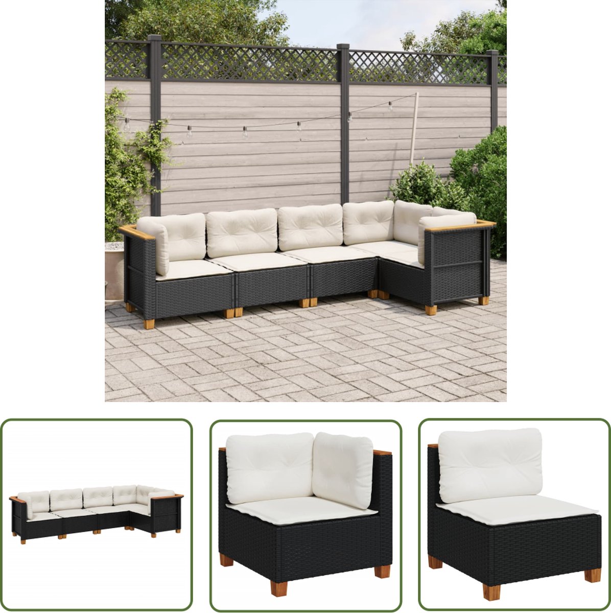 Zwarte poly rattan loungeset met kussens voor buiten - Tuinmeubels.