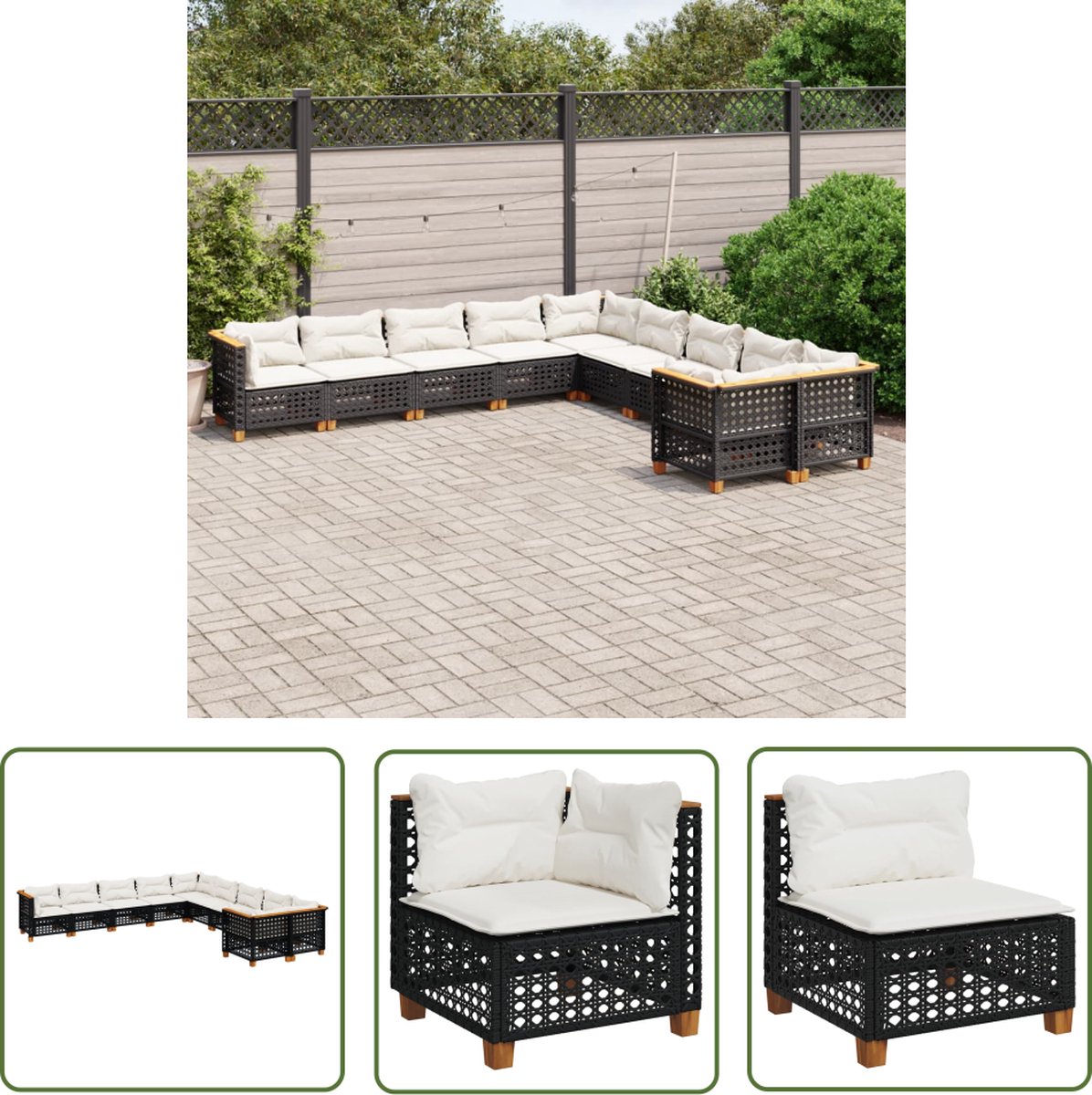 The Living Store 10-delige Loungeset met kussens poly rattan zwart - Loungeset - Tuinset - Buitendecoratie - Lounge - Relaxen