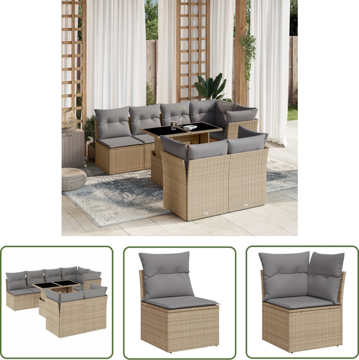 Loungeset met beige kussens en poly rattan materiaal - Tuinmeubels.