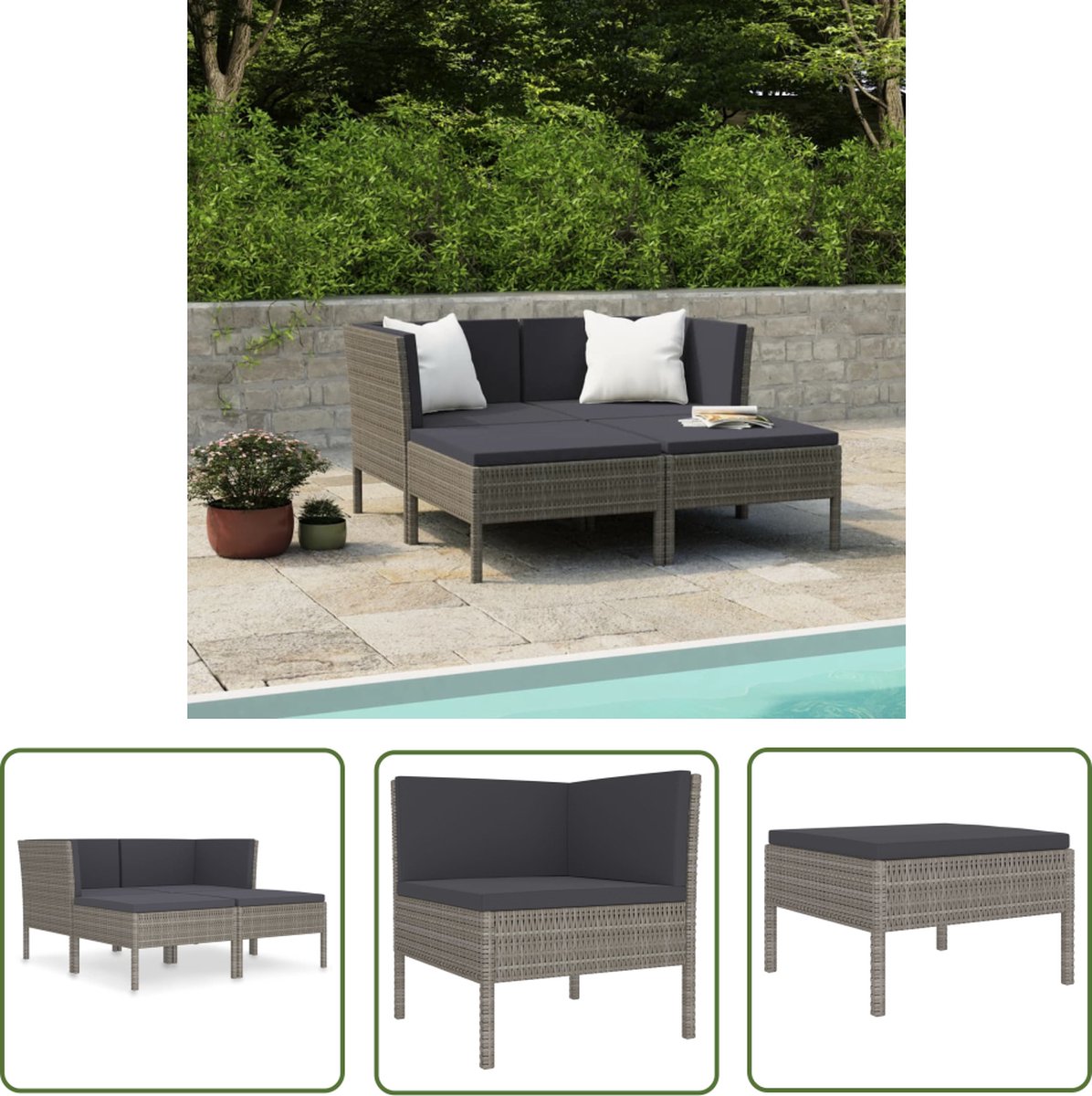 Grijze poly rattan loungeset met kussens voor buiten - The Living Store