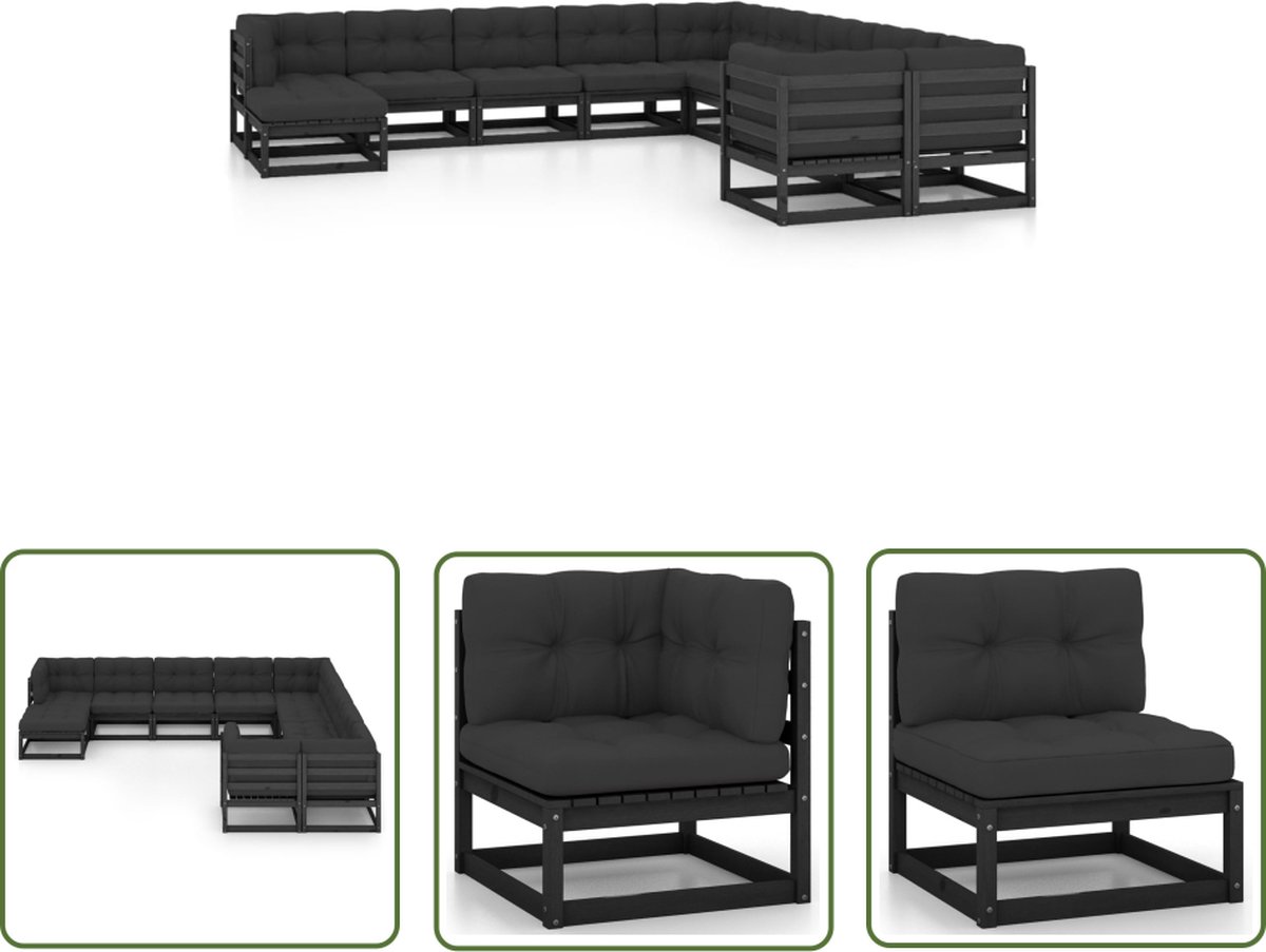 The Living Store 11-delige Loungeset met kussens massief grenenhout zwart - Loungestoel - Tuinset - Lounge Set - Tuinmeubilair - Grenenhout