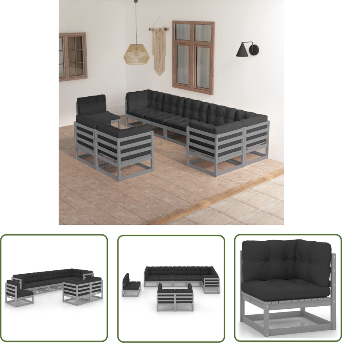 The Living Store 9-delige Loungeset met kussens massief grenenhout - Loungeset - Tuinmeubel - Lounge Bank - Buitendecor - Teak Meubel