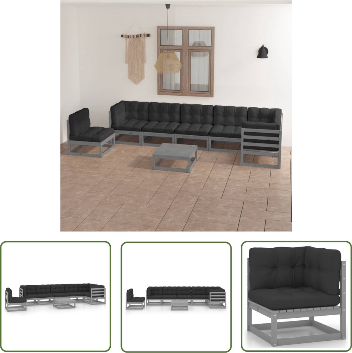 The Living Store 8-delige Loungeset met kussens massief grenenhout - Tuinset - Lounge Set - Tuinmeubel - Houten Tuinstoel - Buitendecor