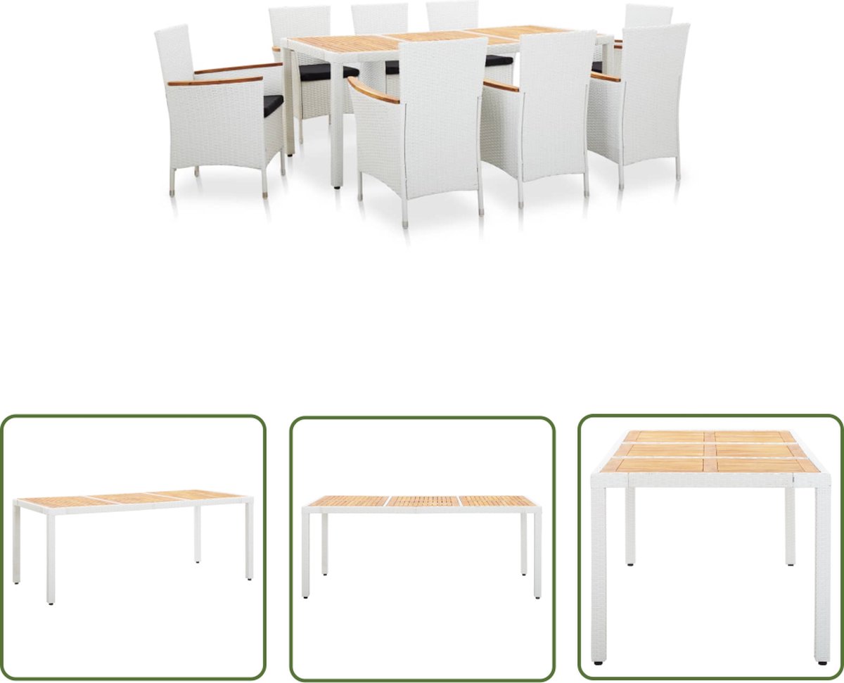 Witte poly rattan tuinset met eetkamerstoelen en acaciahouten tafel.