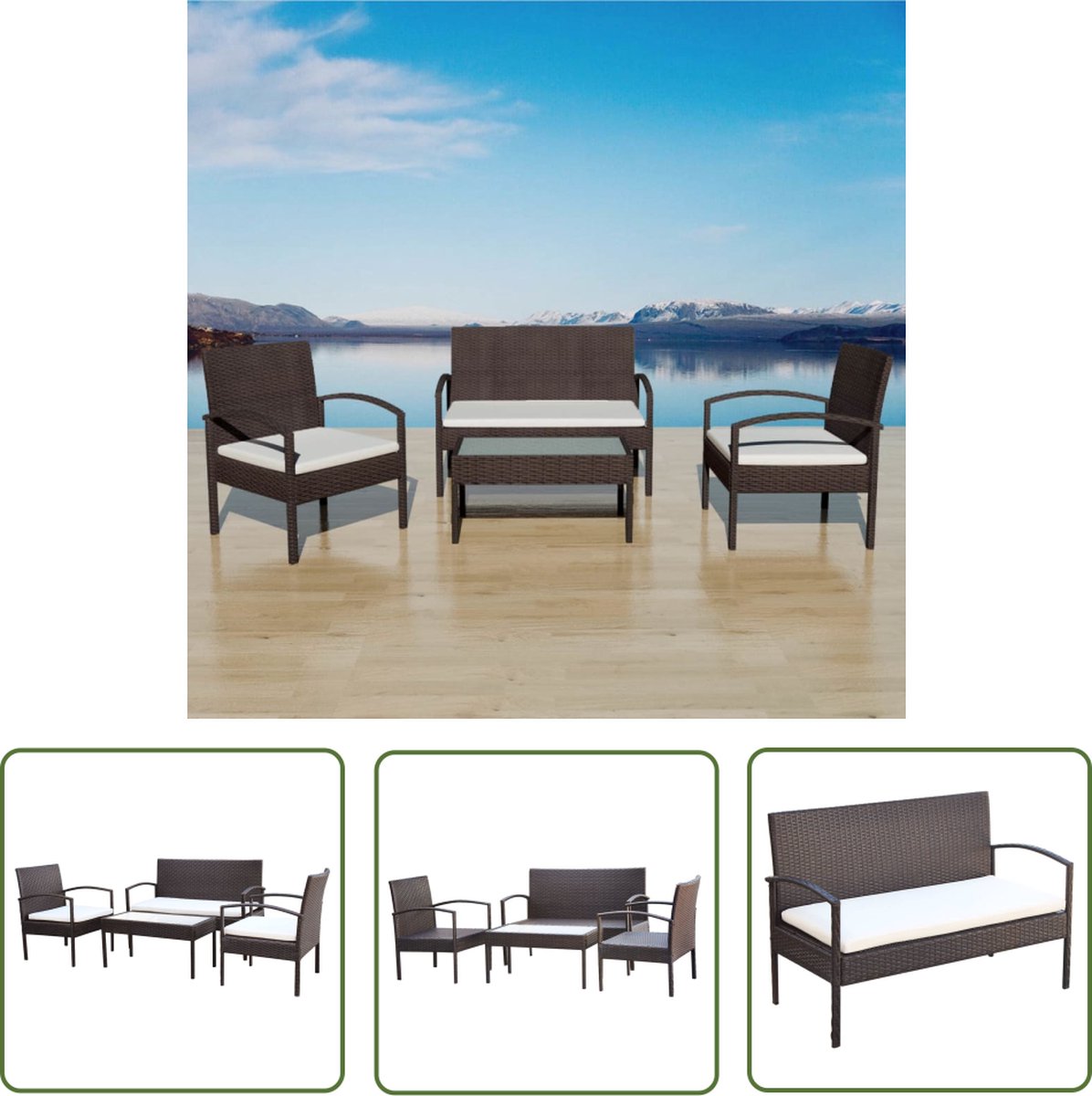 Bruine poly rattan loungeset met kussens voor buiten - Tuinmeubilair.