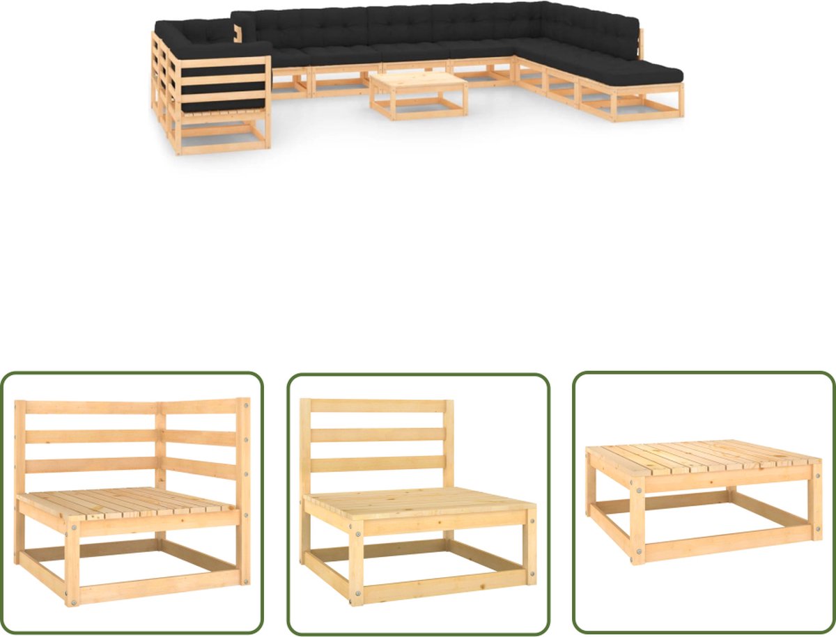 The Living Store 12-delige Loungeset met antracietkleurige kussens grenenhout - Loungestoel - Lounge Set - Buitendiner - Teak - Hout