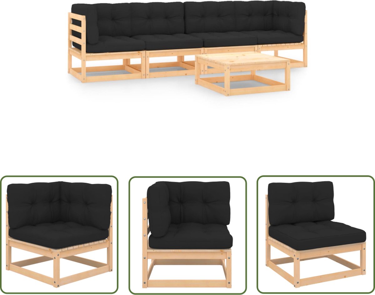 Massief grenenhouten loungeset met kussens en houten bank - Tuinmeubels.