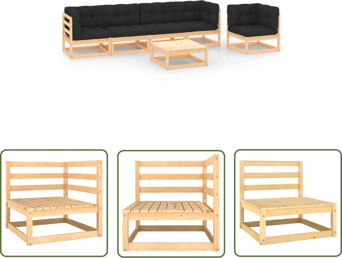 The Living Store 6-delige Loungeset met kussens massief grenenhout - Loungeset - Tuinset - Tuinmeubel - Houten Lounge - Loungestoel