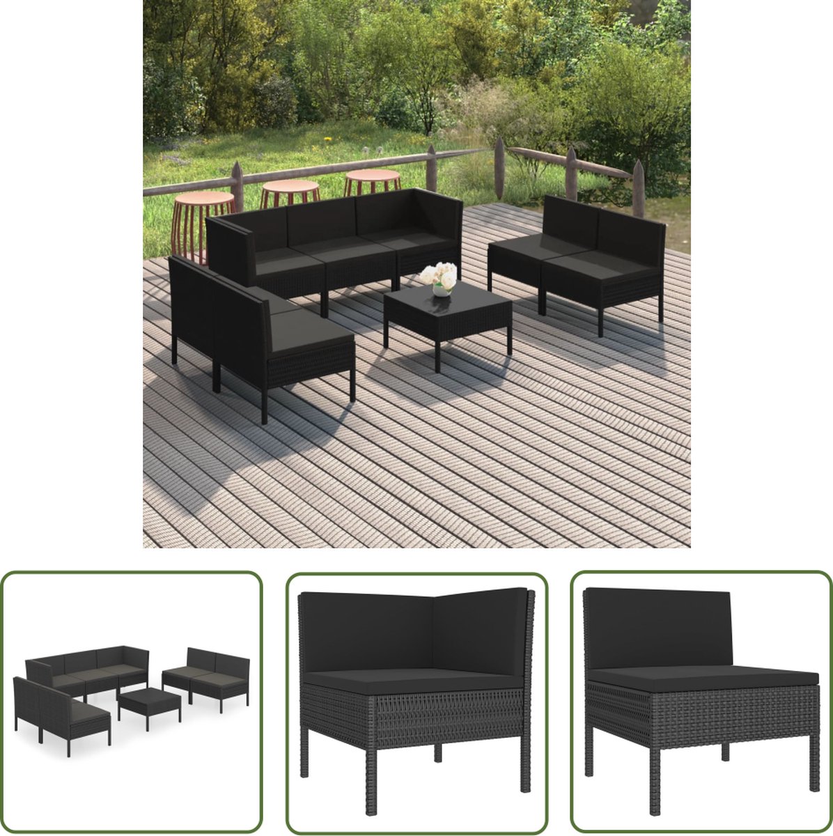 Zwarte poly rattan loungeset met kussens voor tuinmeubels - The Living Store.