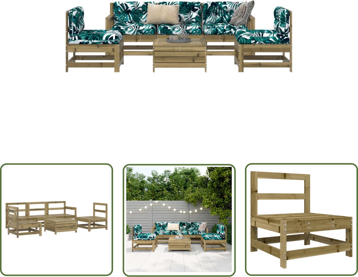 The Living Store 6-delige Loungeset geïmpregneerd grenenhout - Loungeset - Tuinmeubels - Lounge Set - Buitendiner - Teak