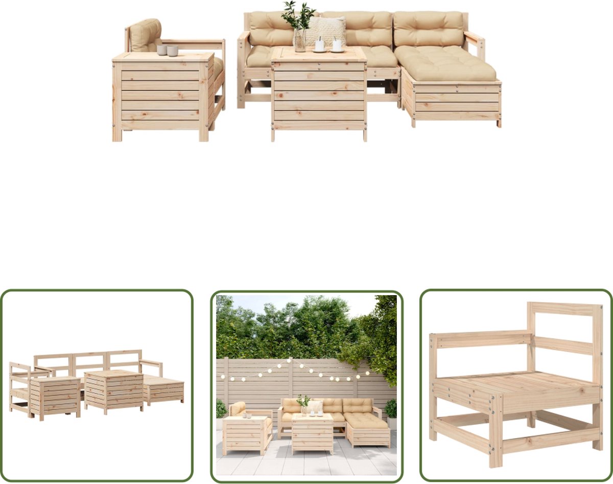 The Living Store 7-delige Loungeset massief grenenhout - Tuin Lounge Set - Loungebank - Buitendiner - Teak Hout - Garden Furniture