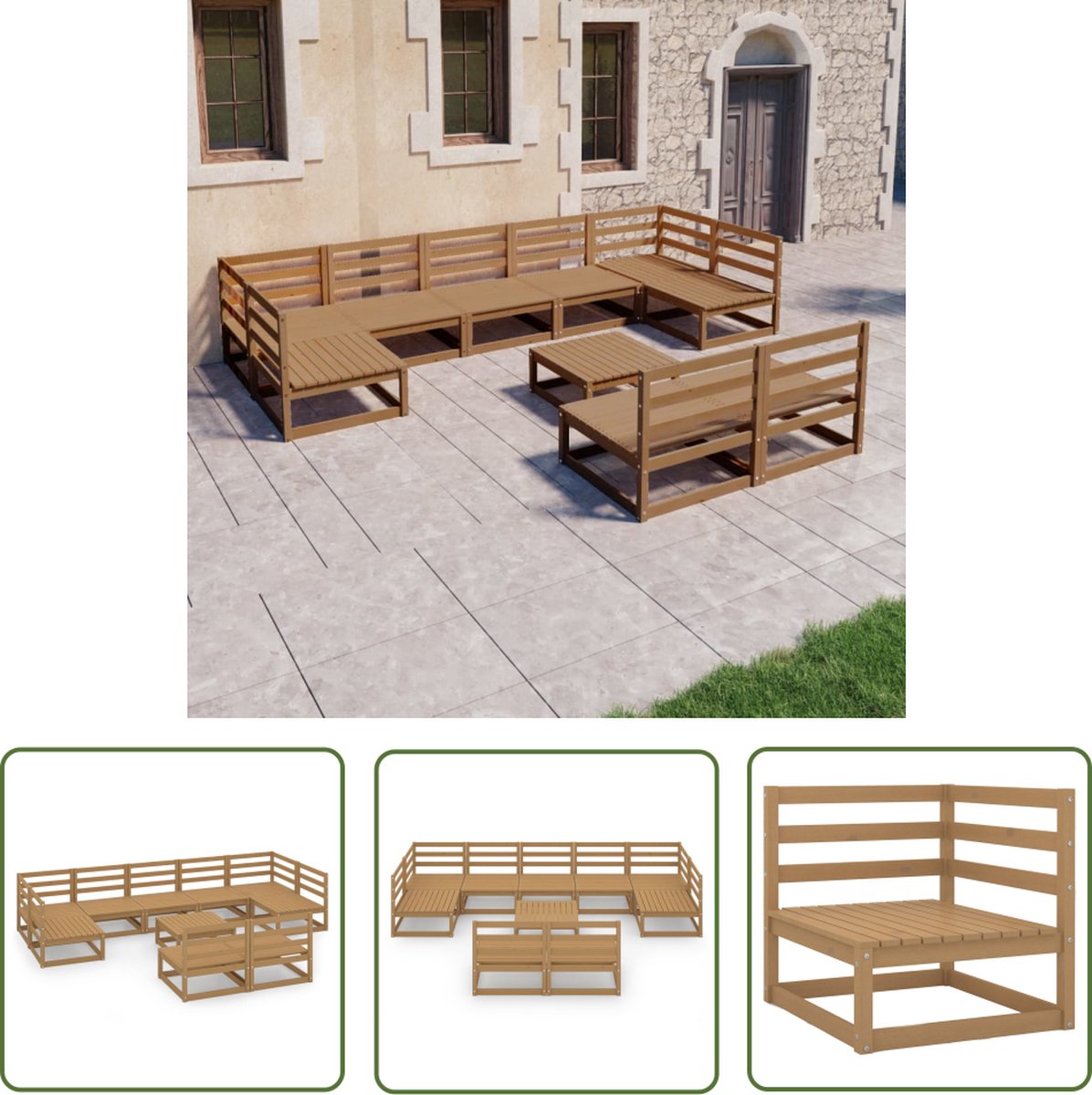Massief grenenhouten loungeset met loungestoel en loungebank voor buiten.