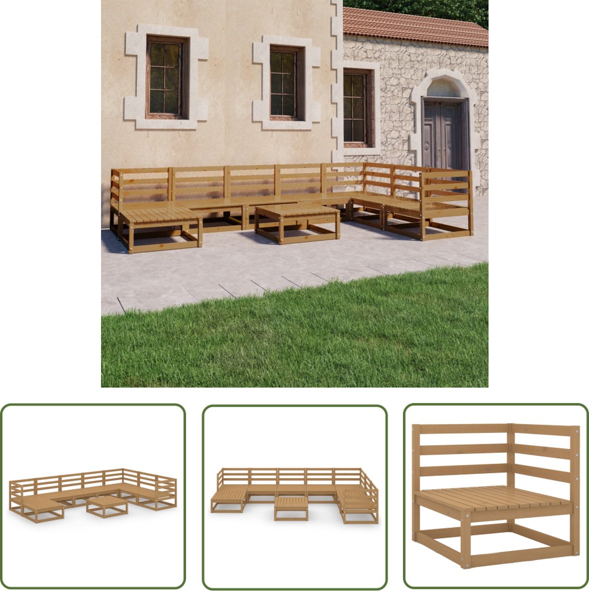 The Living Store 9-delige Loungeset massief grenenhout honingbruin - Tuinmeubel - Lounge Set - Houten Tuinbank - Grenenhouten Meubel - Buitendecor