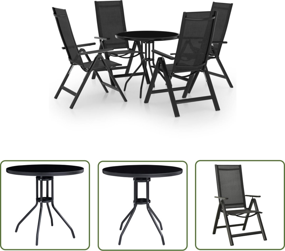 The Living Store 5-delige Bistroset zwart en atracietkleurig - Tuinstoel - Bistroset - Buitentijd - Aluminium Meubel - Textiel Meubilair