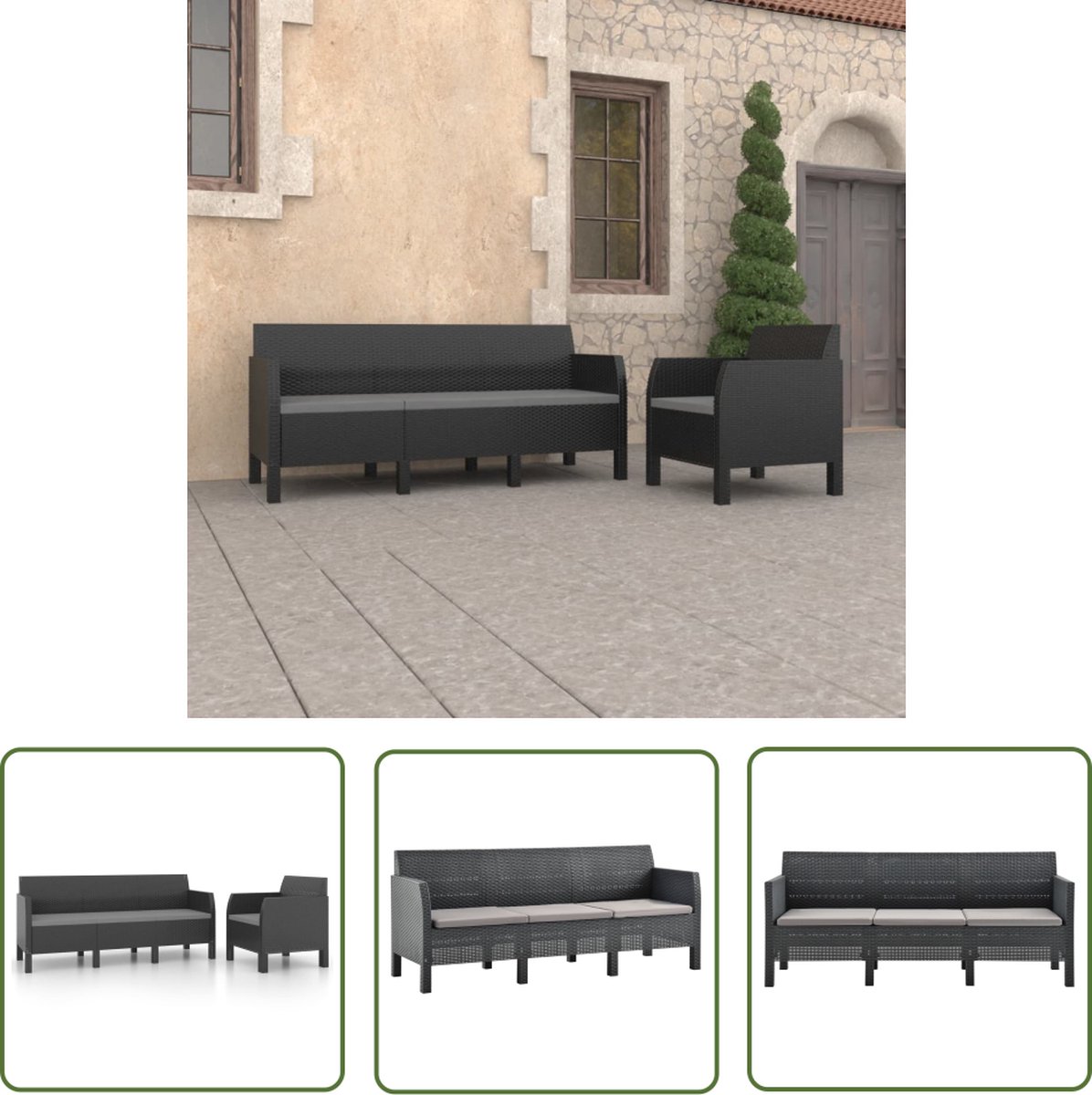 The Living Store 2-delige Loungeset met kussens PP rattan antracietkleurig - Tuinstoel - Lounge Set - Buitentijdbank - Buitenkamer - Relaxen