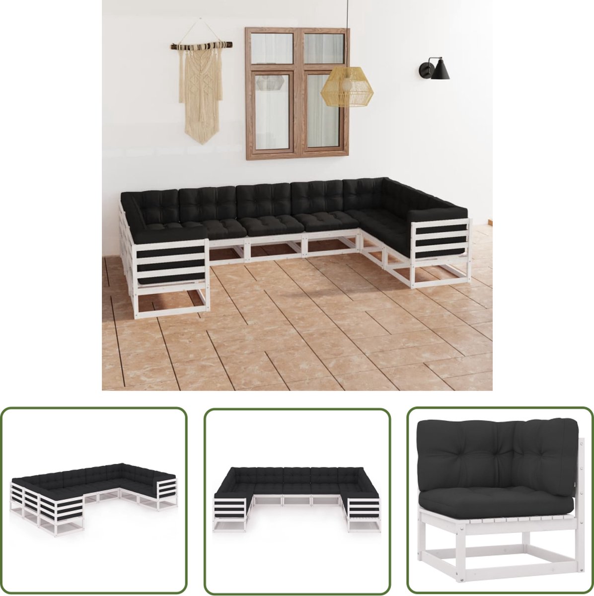 Massief wit grenenhouten loungeset met kussens - Tuinmeubels - The Living Store