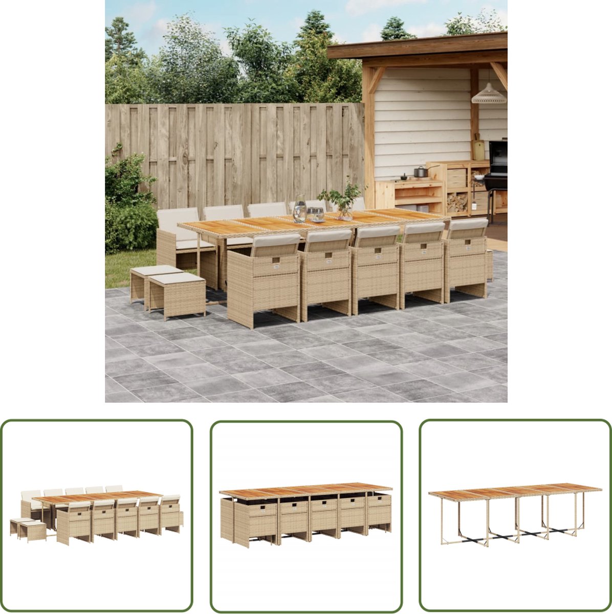 The Living Store 15-delige Tuinset met kussens poly rattan beige - Tuinset - Buitenkamer - Lounge Set - Eetgroep - Patio Set