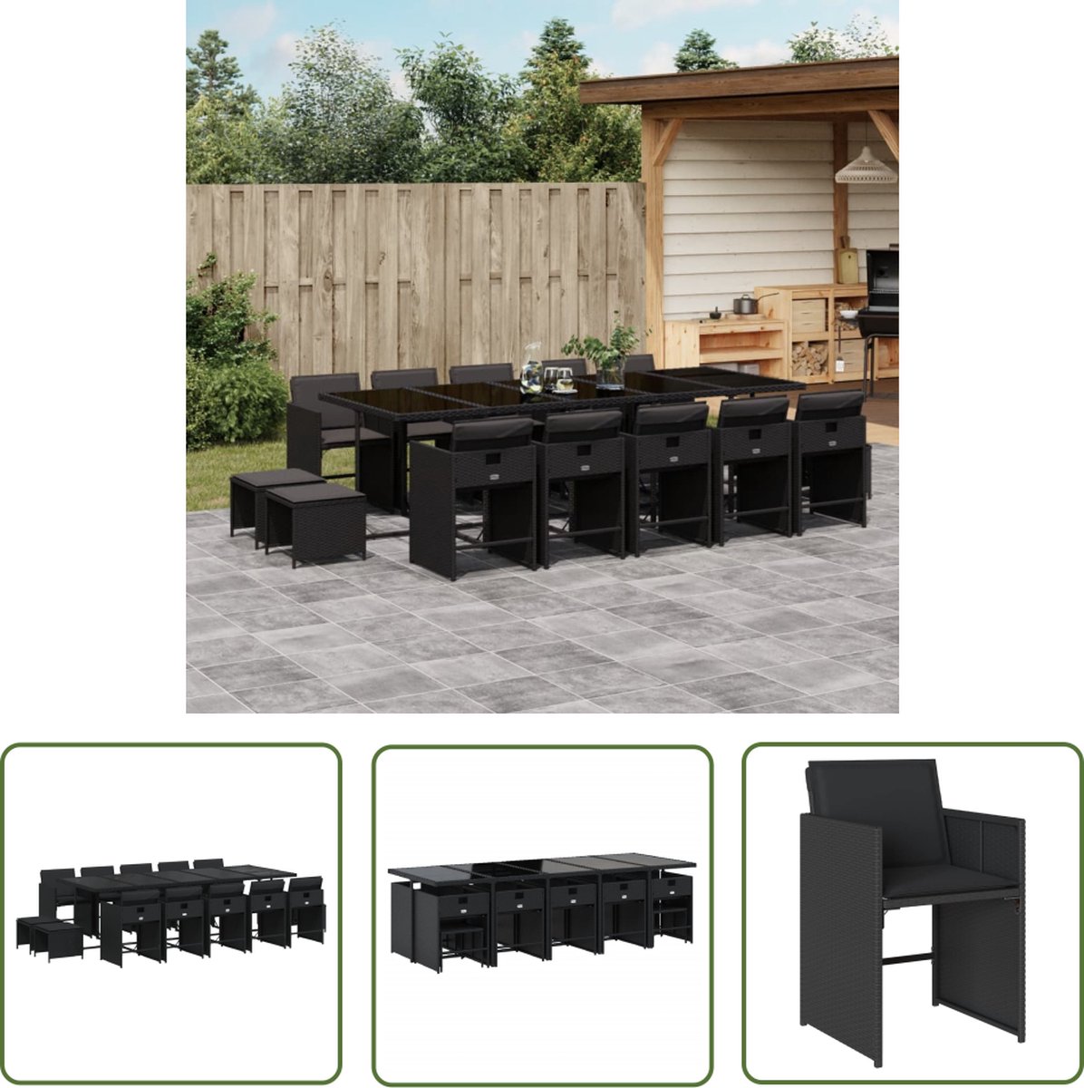 The Living Store 15-delige Tuinset met kussens poly rattan zwart - Tuinset - Buitendecoratie - Lounge Set - Eetkamerset - Patio Furniture