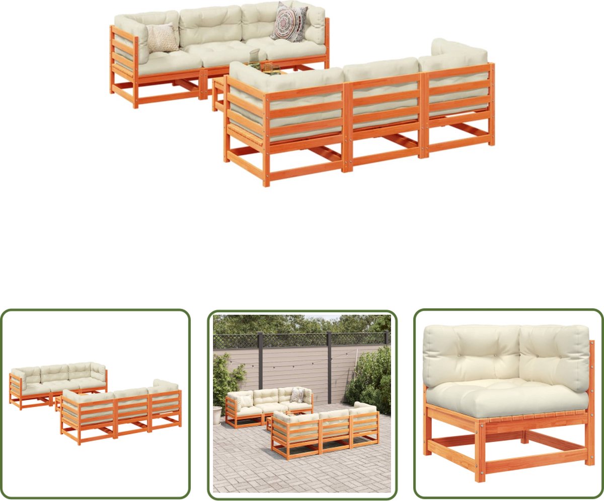 The Living Store 7-delige Loungeset met kussens massief grenenhout wasbruin - Loungeset - Tuinset - Houten Lounge - Buitendiner - Tuinstoel