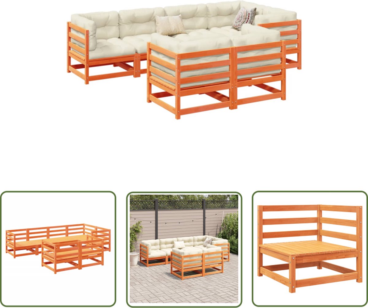 Tuin loungeset van massief grenenhout in warm wasbruin.