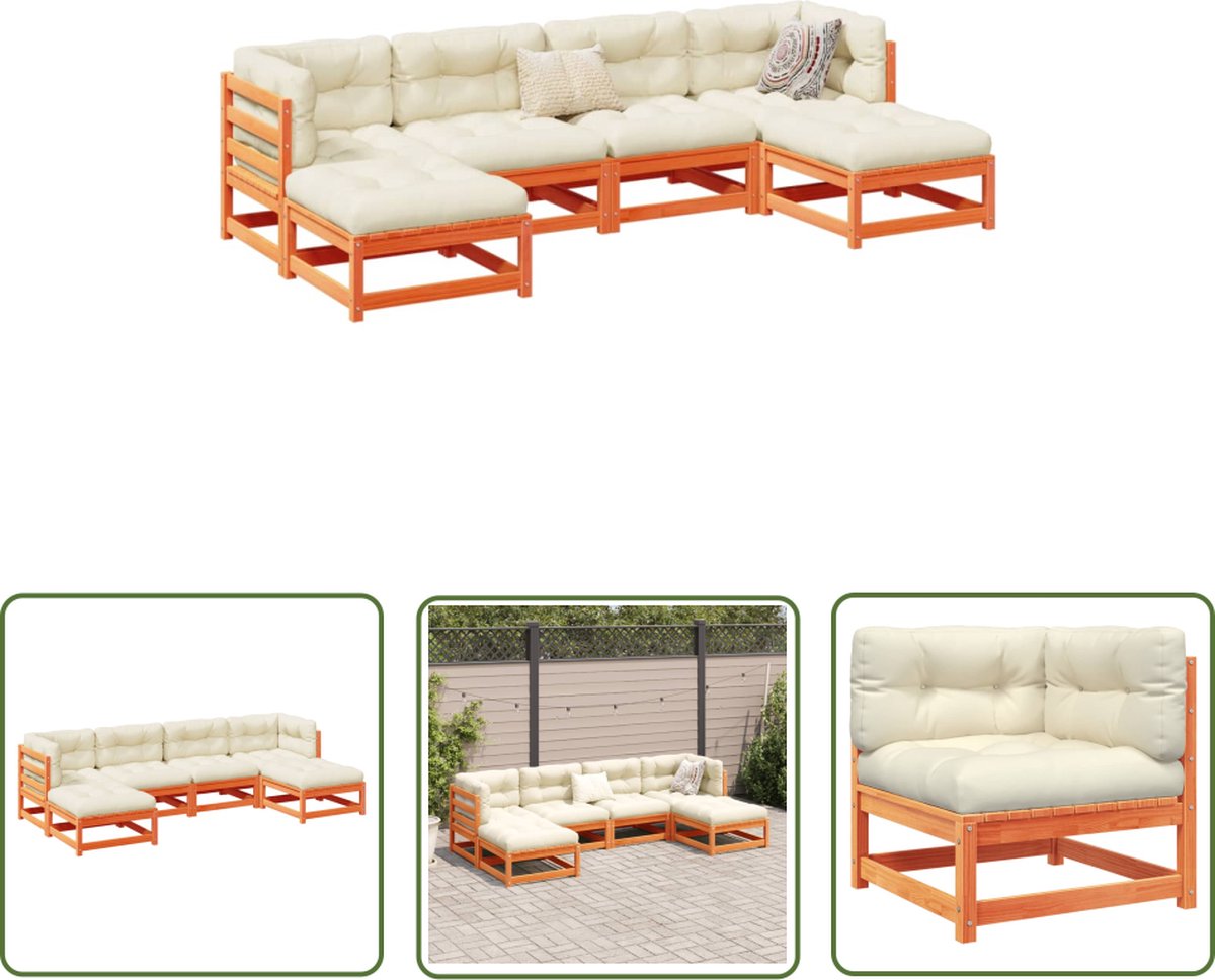 The Living Store 6-delige Loungeset met kussens massief grenenhout wasbruin - Tuin Lounge Set - Loungeset Hout - Tuinset - Loungebank - Buitendrankje