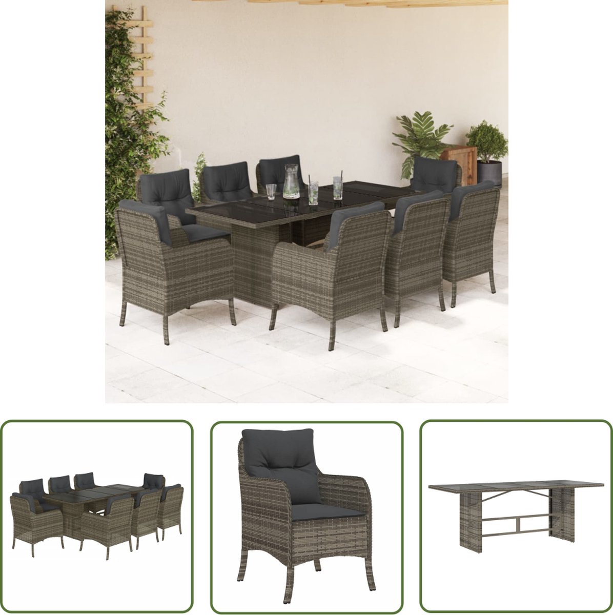 The Living Store 9-delige Tuinset met kussens poly rattan grijs - Tuinset - Buitendecoratie - Lounge Set - Eetkamerset - Poly Rattan