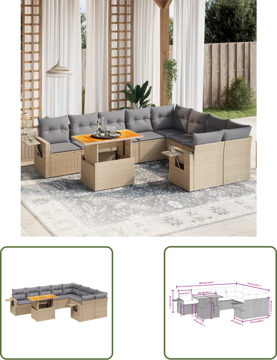 The Living Store 10-delige Loungeset met kussens poly rattan beige - Loungeset - Tuinset - Lounge Set - Buitendecoratie - Tuinmeubels
