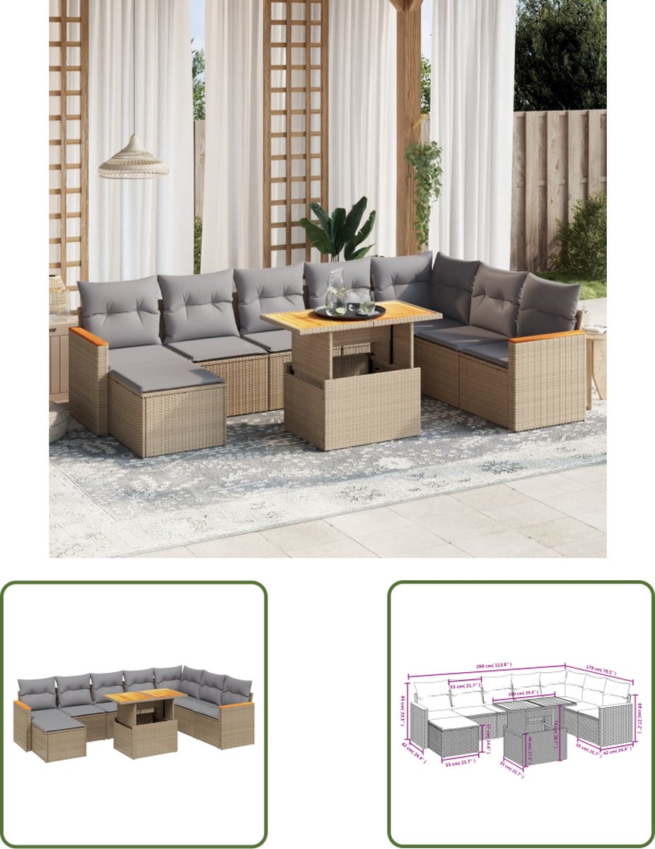 The Living Store 9-delige Loungeset met kussens poly rattan beige - Loungebank - Tuinmeubels - Lounge Set - Buitendecoratie - Pe Rattan
