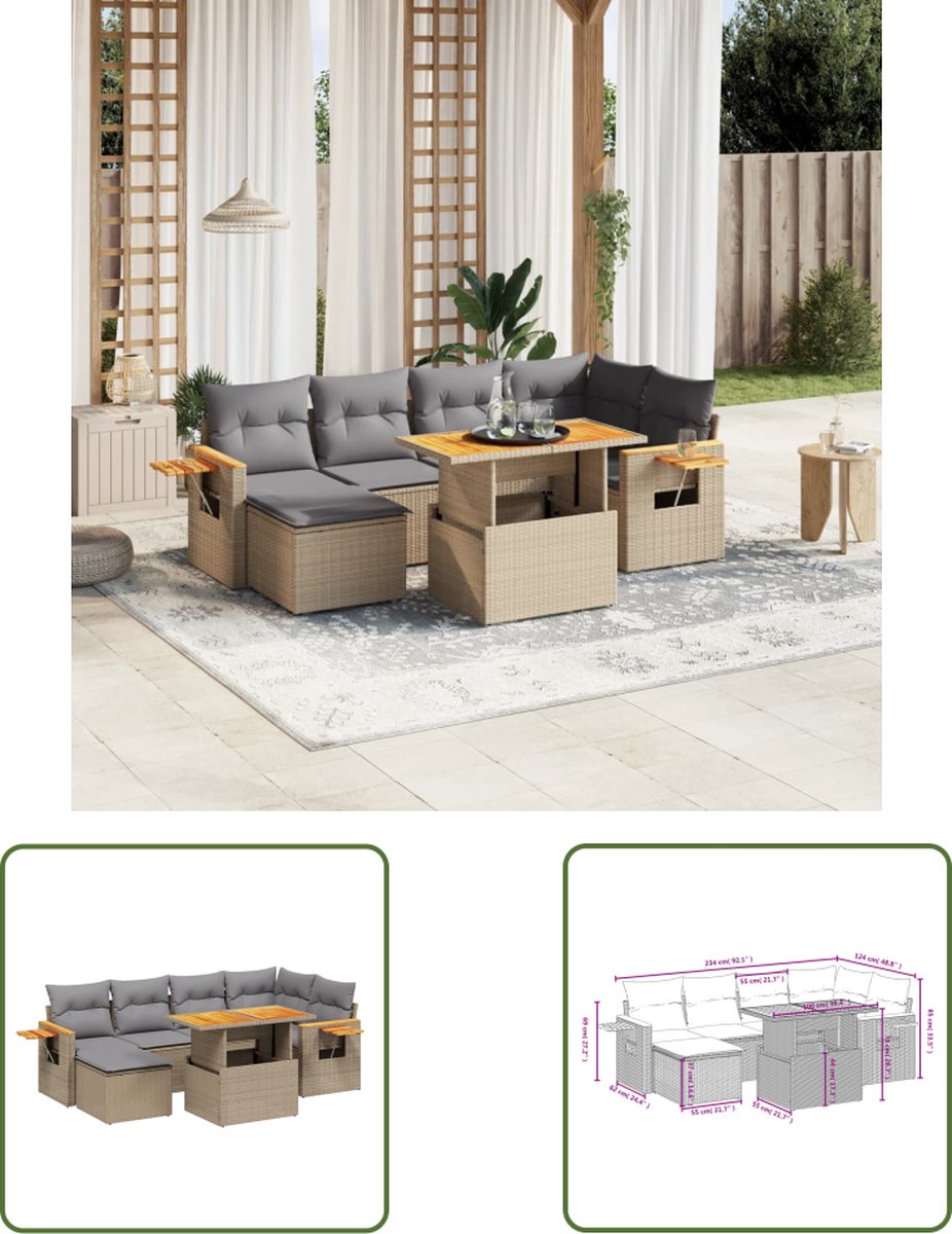 The Living Store 7-delige Loungeset met kussens poly rattan beige - Loungebank - Tuinset - Lounge Set - Buitendecoratie - Tuinmeubels