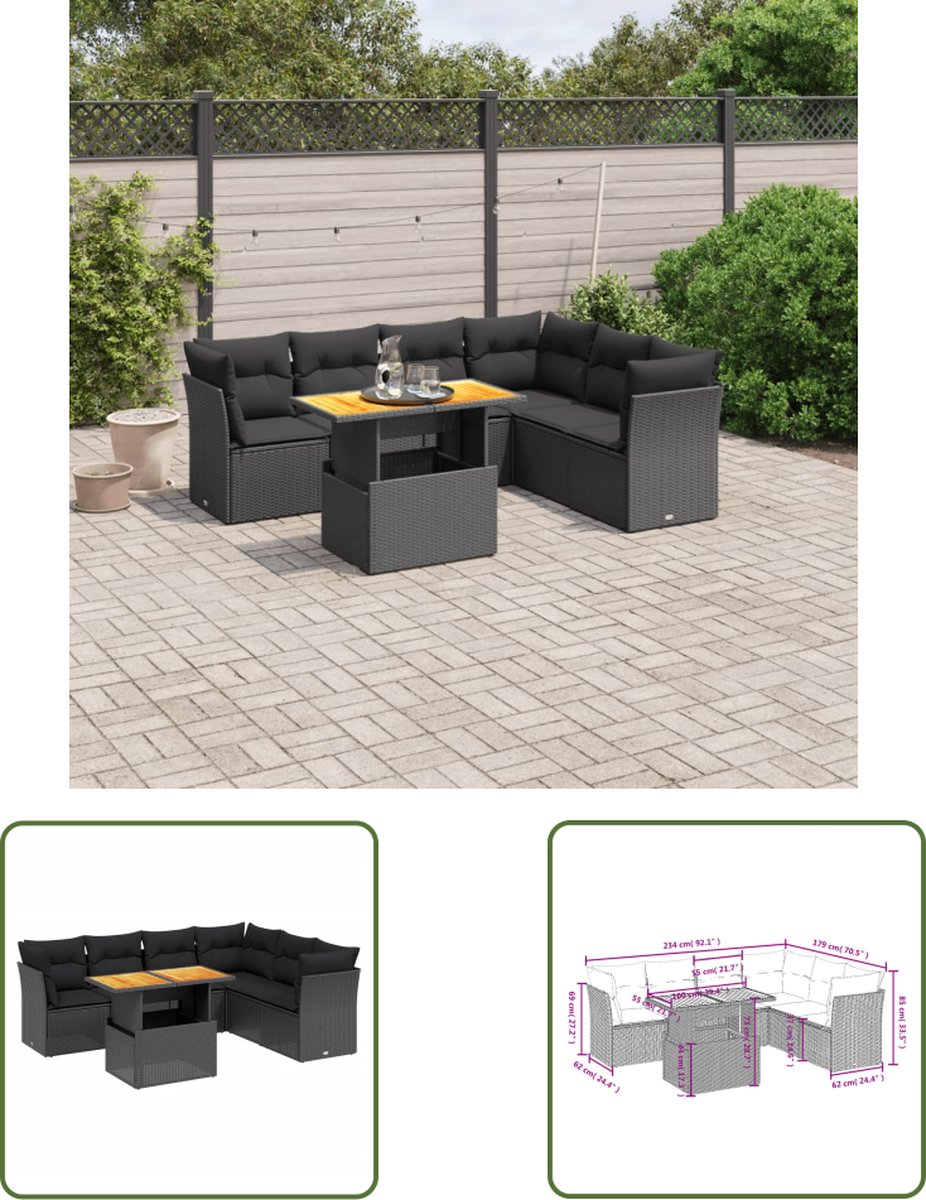 The Living Store 7-delige Loungeset met kussens poly rattan zwart - Loungeset - Tuinset - Buitendecoratie - Tuinmeubels - Lounge Set