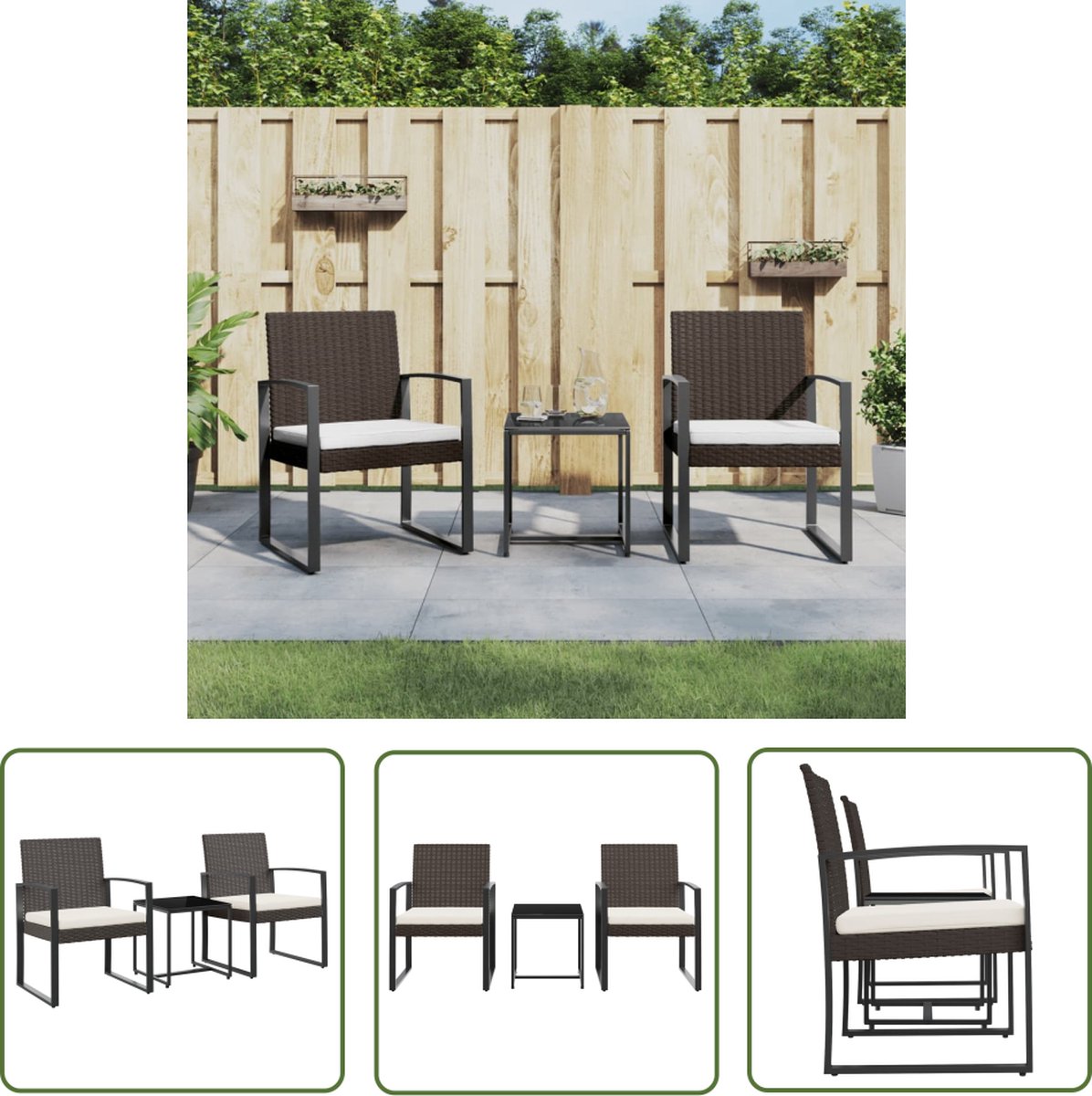 The Living Store 3-delige Tuinset met kussens polypropeen rattan bruin - Eetkamerset - Tuinset - Buitendecoratie - Patio Furniture - Garden Dining Set