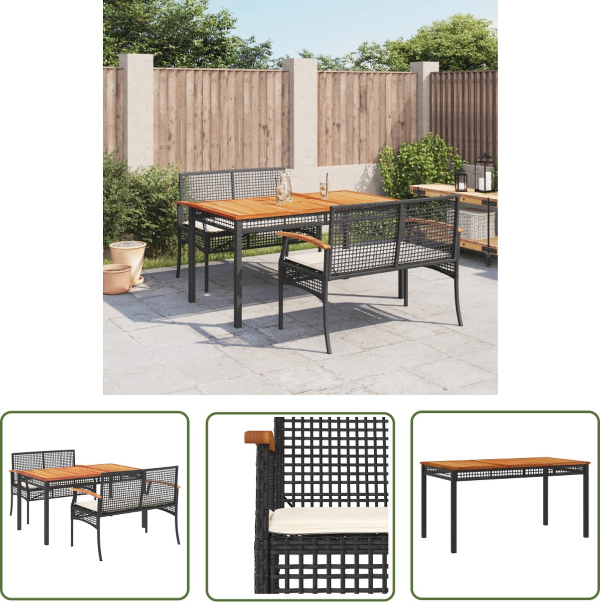 The Living Store 3-delige Tuinset met kussens poly rattan zwart - Tuinset - Eetkamerset - Buitentijd - Patio - Terrassenstoel