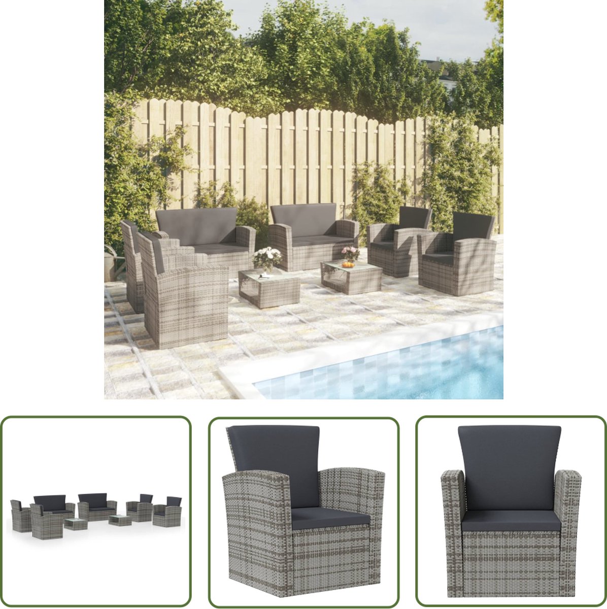 The Living Store 8-delige Loungeset met kussens poly rattan grijs - Loungeset - Tuinset - Loungemateriaal - Buisensets - Outdoor Furniture