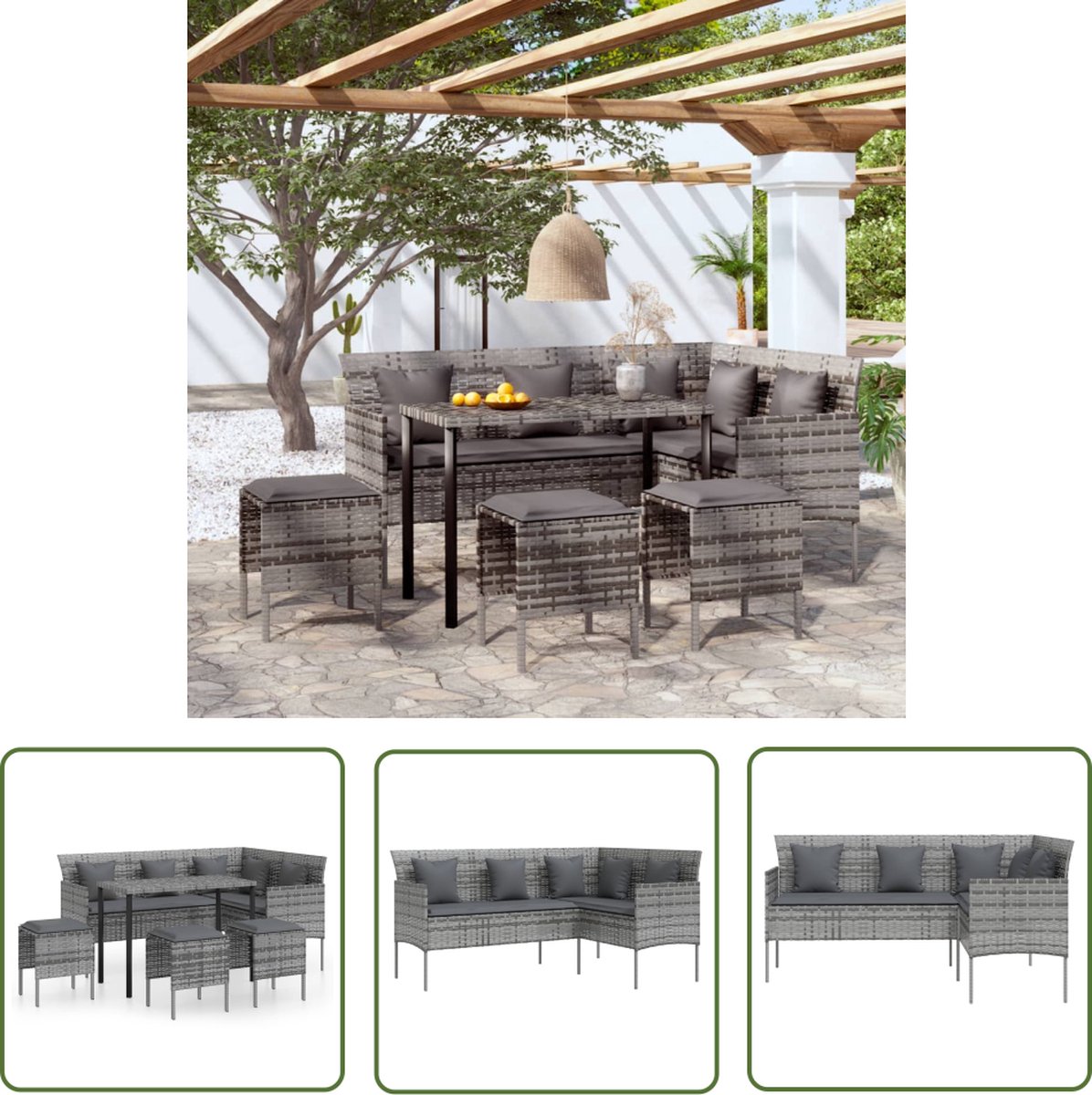 The Living Store 5-delige Loungeset met kussens L-vormig poly rattan grijs - Loungeset - Tuinbank - Lounge Set - Buitendecoratie - Terrassenset