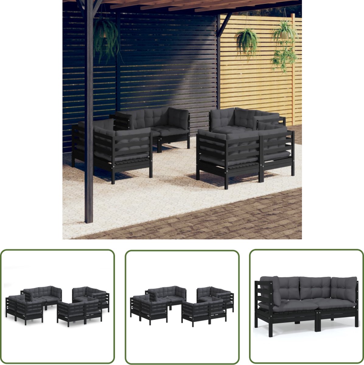 The Living Store 8-delige Loungeset met antracietkleurige kussens grenenhout - Loungeset - Tuinmeubel - Buitenshuis Relaxen - Houten Lounge Set - Zwarte Loungestoel