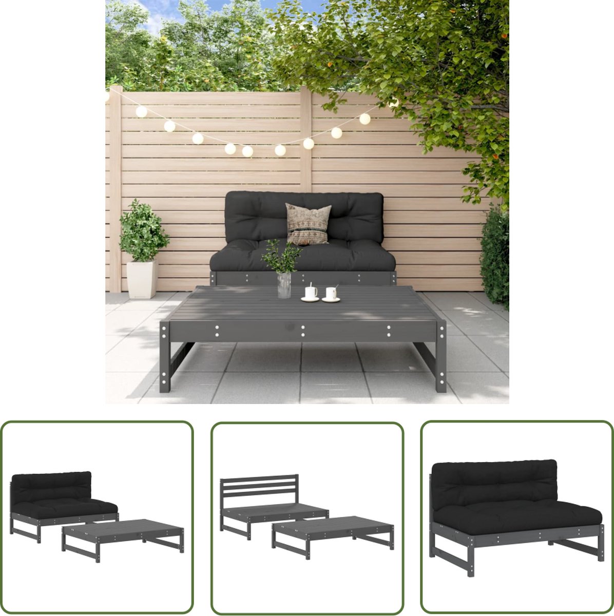 The Living Store 2-delige Loungeset met kussens massief hout grijs - Loungeset - Tuinlounge - Lounge Set - Houten Loungebank - Outdoor Furniture The Living Store 2-delige Loungeset met kussens massief hout grijs - Loungeset - Tuinlounge - Lounge Set - Houten Loungebank - Outdoor Furniture - Image 1