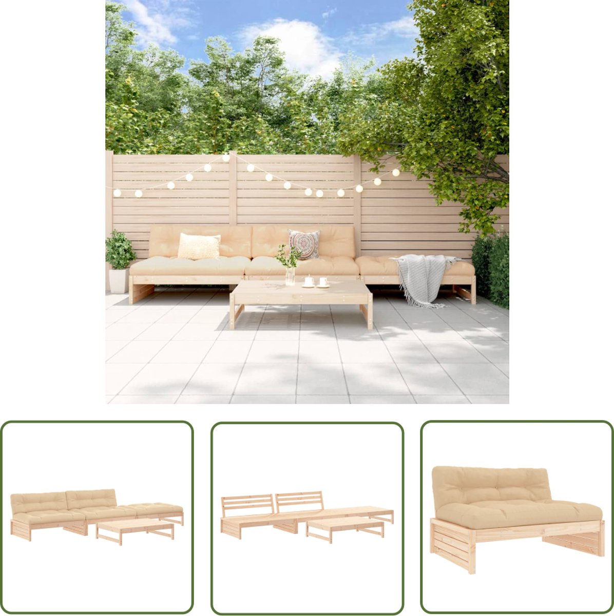 The Living Store 4-delige Loungeset met kussens massief hout - Loungeset - Tuinset - Hout - Grenenhout - Lounge
