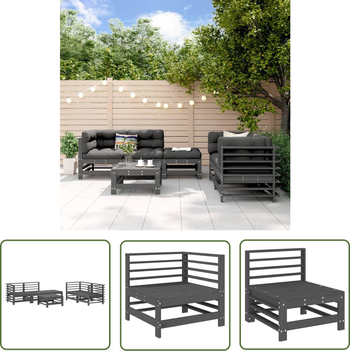 The Living Store 6-delige Loungeset massief grenenhout grijs - Loungeset - Tuinset - Lounge Bank - Hout - Grenenhout