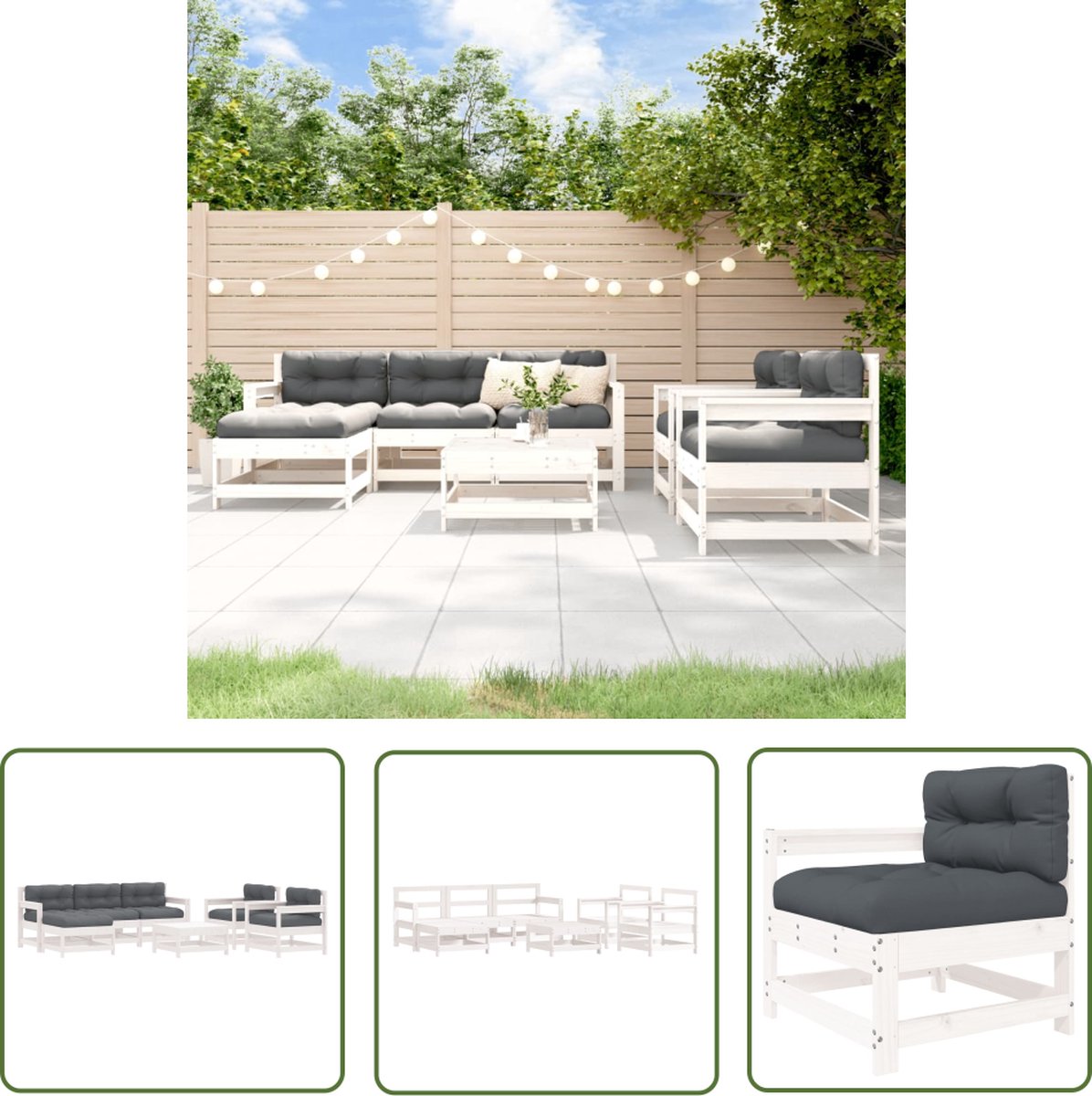 The Living Store 7-delige Loungeset met kussens massief hout wit - Loungeset - Tuinset - Hout - Grenenhout - Loungebank