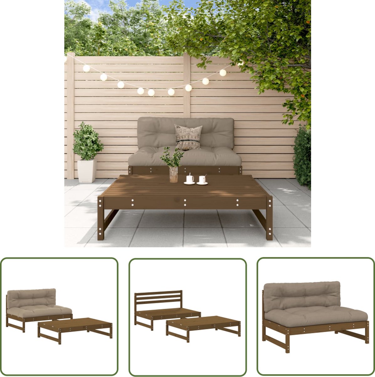 The Living Store 2-delige Loungeset met kussens massief hout honingbruin - Loungeset - Tuinmeubilair - Lounge Set - Buitenmeubels - Hout