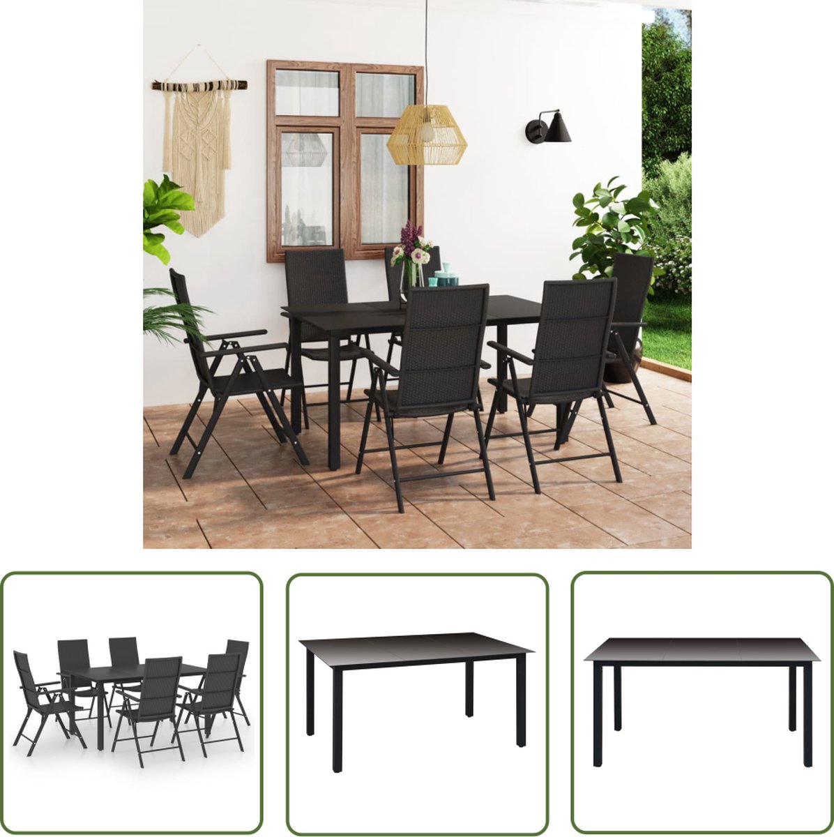 The Living Store 7-delige Tuinset zwart - Tuinmeubleset - Eetkamerset - Buitentijd - Relaxen - Terrassen Meubilair