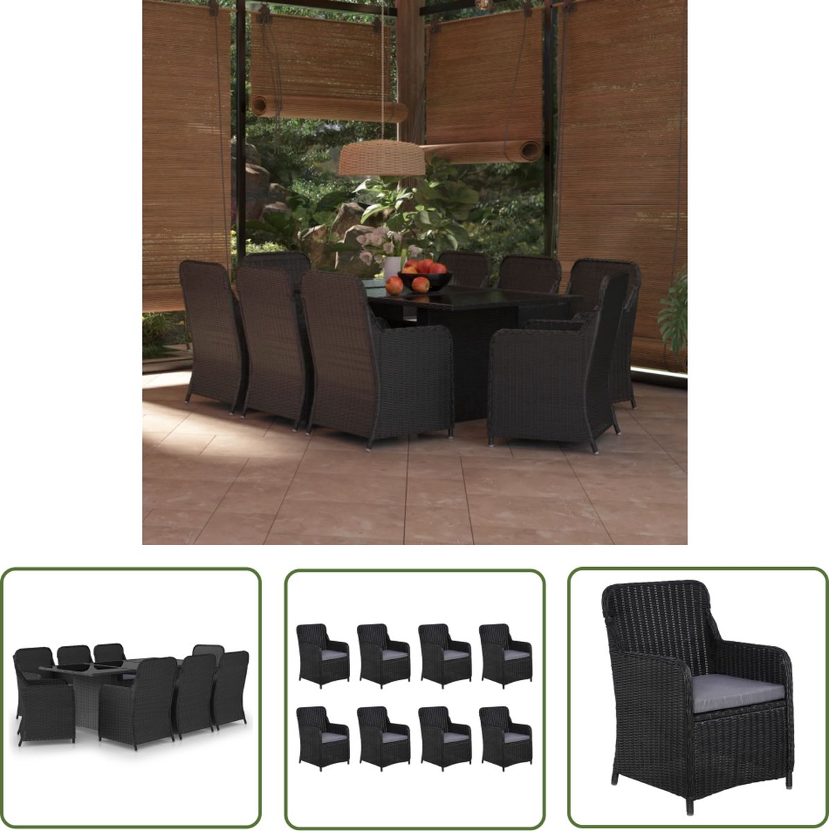 Zwarte poly rattan tuinset met tuintafel, tuinstoel en lounge set.